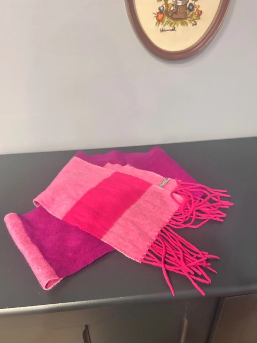 Ann Taylor Plaid 100% Cashmere Scarf with Fringe Pink Multi OS